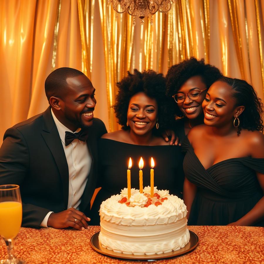 Family gathered around a birthday cake with gold decor