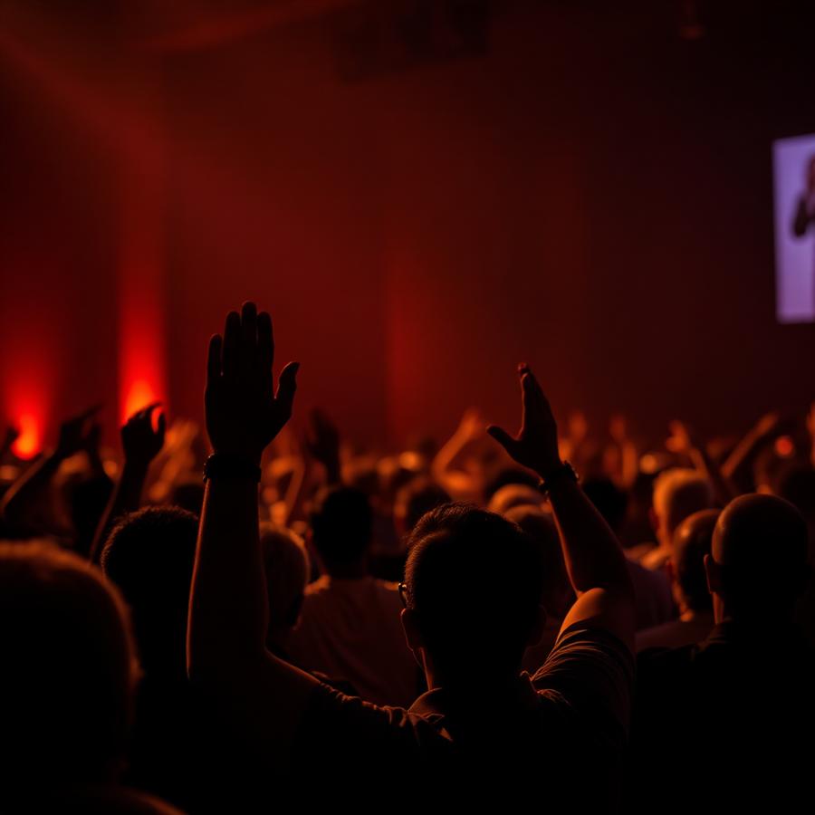 Congregation with hands raised at a church event