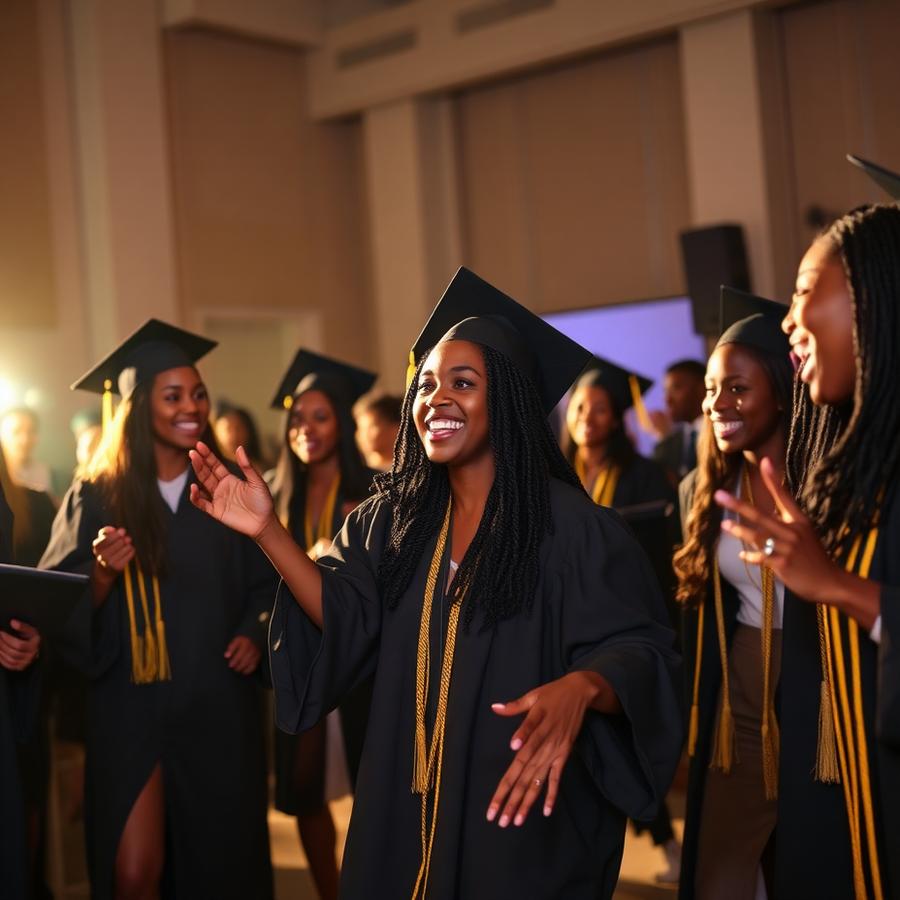 Graduation celebration with graduates in gowns and caps